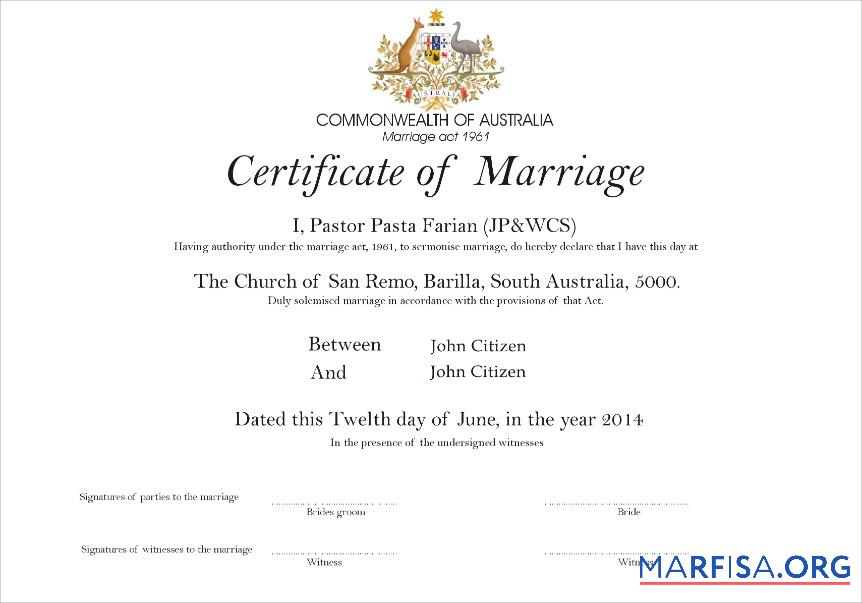 Downloadable Australia Church of San Remo marriage certificate template